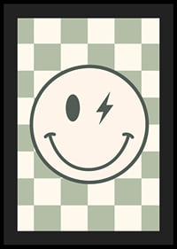 Graphic smiley with lightning detail on green and white checkered background-4