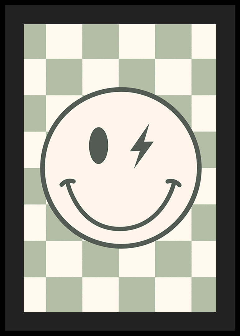 Graphic smiley with lightning detail on green and white checkered background-12