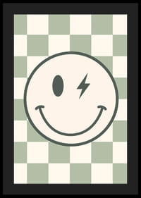 Grafische smiley met bliksemdetails op een groen-wit geblokte achtergrond-4