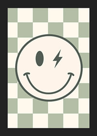 Graphic smiley with lightning detail on green and white checkered background-5