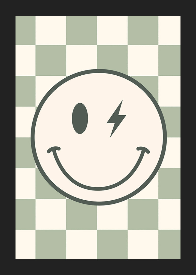 Graphic smiley with lightning detail on green and white checkered background-12