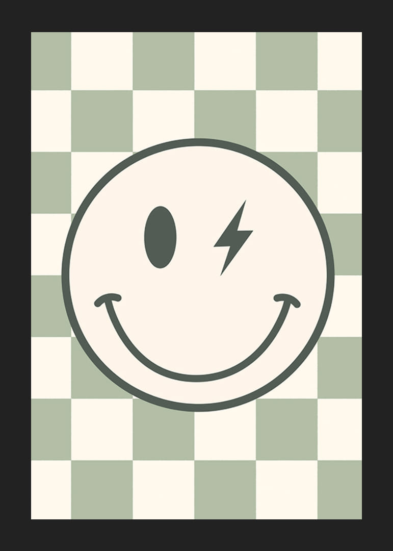 Grafische smiley met bliksemdetails op een groen-wit geblokte achtergrond-12