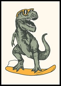 Illustrated T-rex with sunglasses on yellow surfboard-6