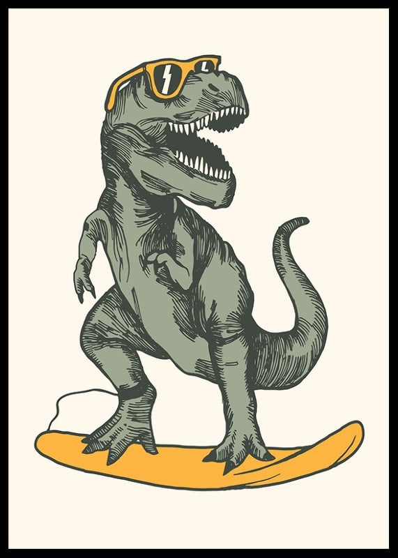 Illustrated T-rex with sunglasses on yellow surfboard-12