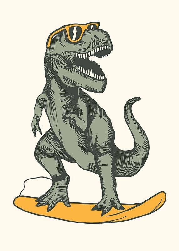 Illustrated T-rex with sunglasses on yellow surfboard-12