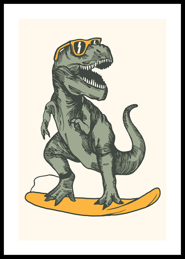 Illustrated T-rex with sunglasses on yellow surfboard-12