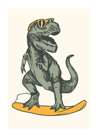 Illustrated T-rex with sunglasses on yellow surfboard-1