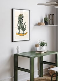 Illustrated T-rex with sunglasses on yellow surfboard-8