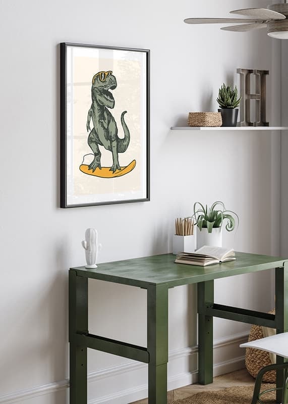Illustrated T-rex with sunglasses on yellow surfboard-12