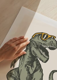 Illustrated T-rex with sunglasses on yellow surfboard-9