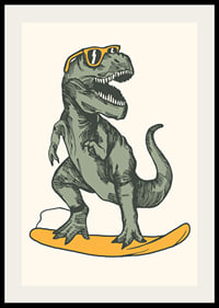 Illustrated T-rex with sunglasses on yellow surfboard-2