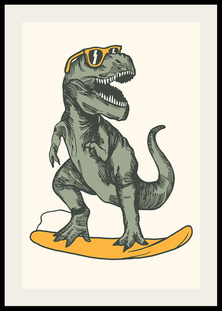 Illustrated T-rex with sunglasses on yellow surfboard-12