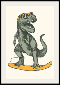 Illustrierter T-Rex mit Sonnenbrille auf gelbem Surfbrett-2