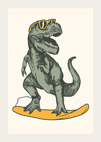 Illustrated T-rex with sunglasses on yellow surfboard-3