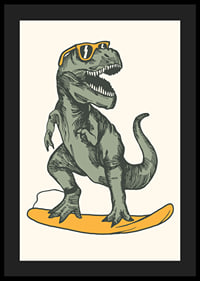 Illustrated T-rex with sunglasses on yellow surfboard-4