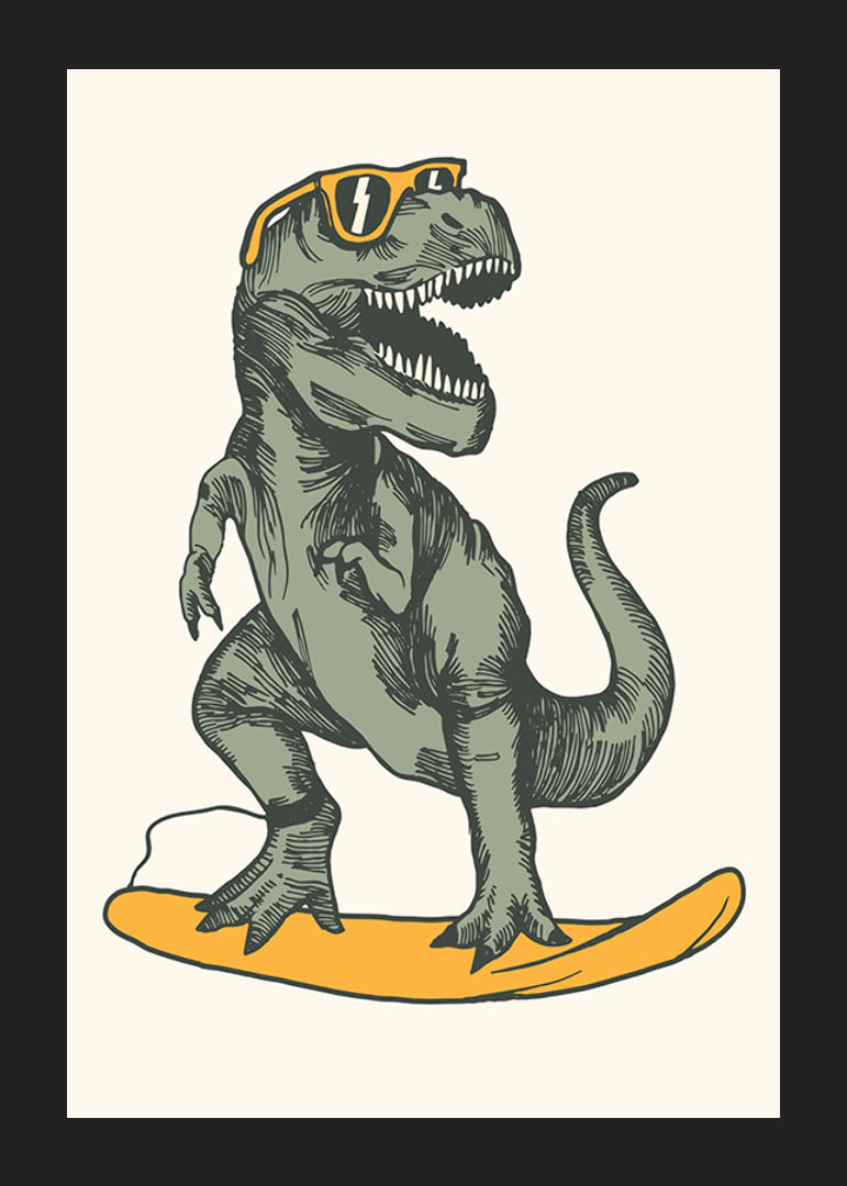 Illustrated T-rex with sunglasses on yellow surfboard-12