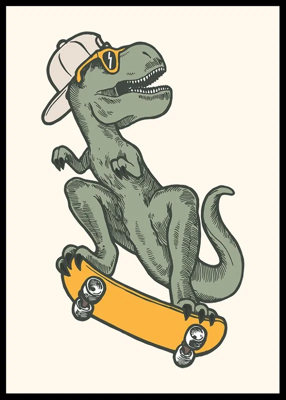 Illustrated T-rex with cap and sunglasses on skateboard-12