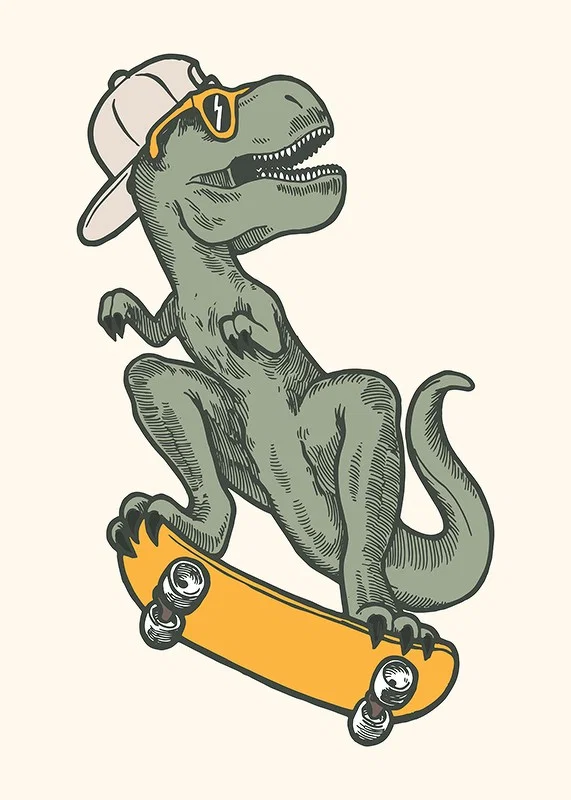 Illustrated T-rex with cap and sunglasses on skateboard-12