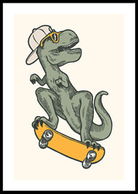 T-rex ilustrat cu șapcă și ochelari de soare pe skateboard-0