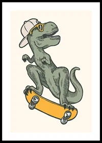 Illustrated T-rex with cap and sunglasses on skateboard-0