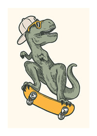T-rex ilustrat cu șapcă și ochelari de soare pe skateboard-1