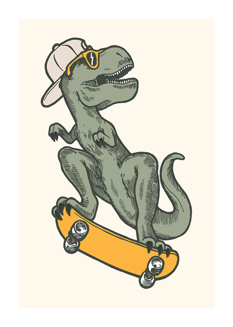 T-rex ilustrat cu șapcă și ochelari de soare pe skateboard-12