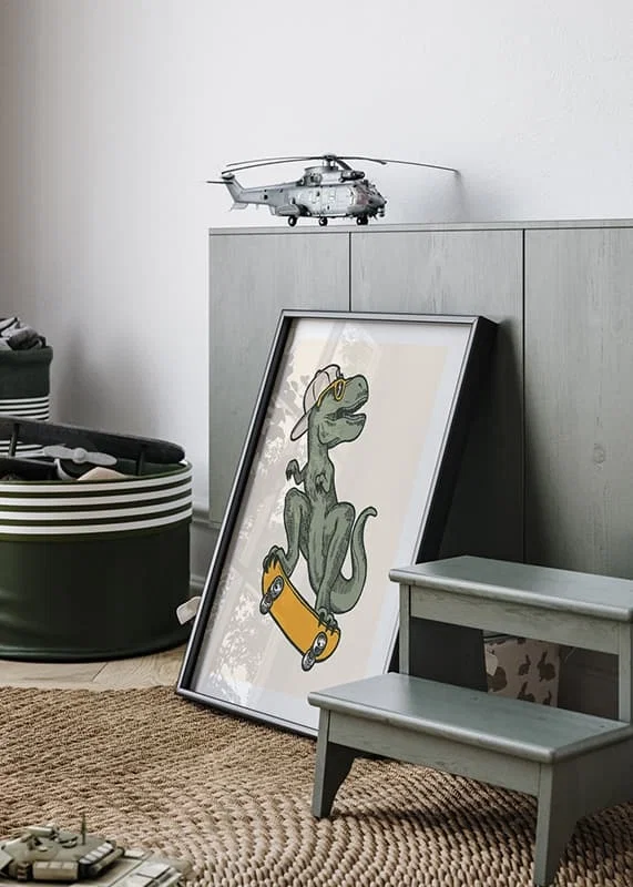 Illustrated T-rex with cap and sunglasses on skateboard-12