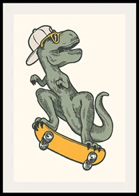 Illustrated T-rex with cap and sunglasses on skateboard-2
