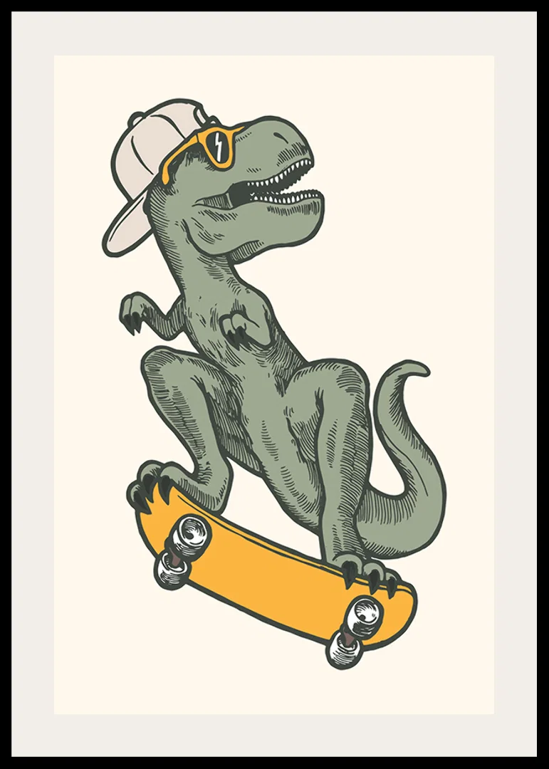 Illustrated T-rex with cap and sunglasses on skateboard-12