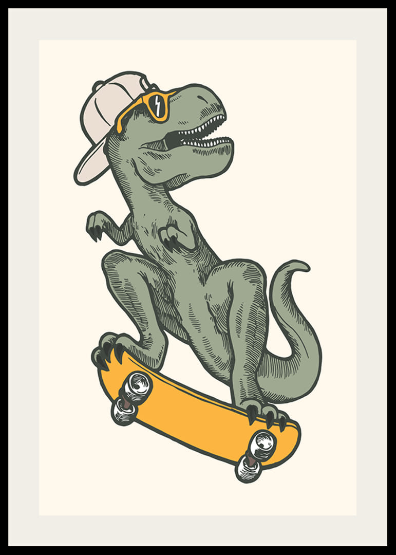 Illustrerad T-rex med keps och solglasögon på skateboard-12