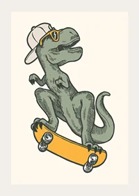 Illustrated T-rex with cap and sunglasses on skateboard-3
