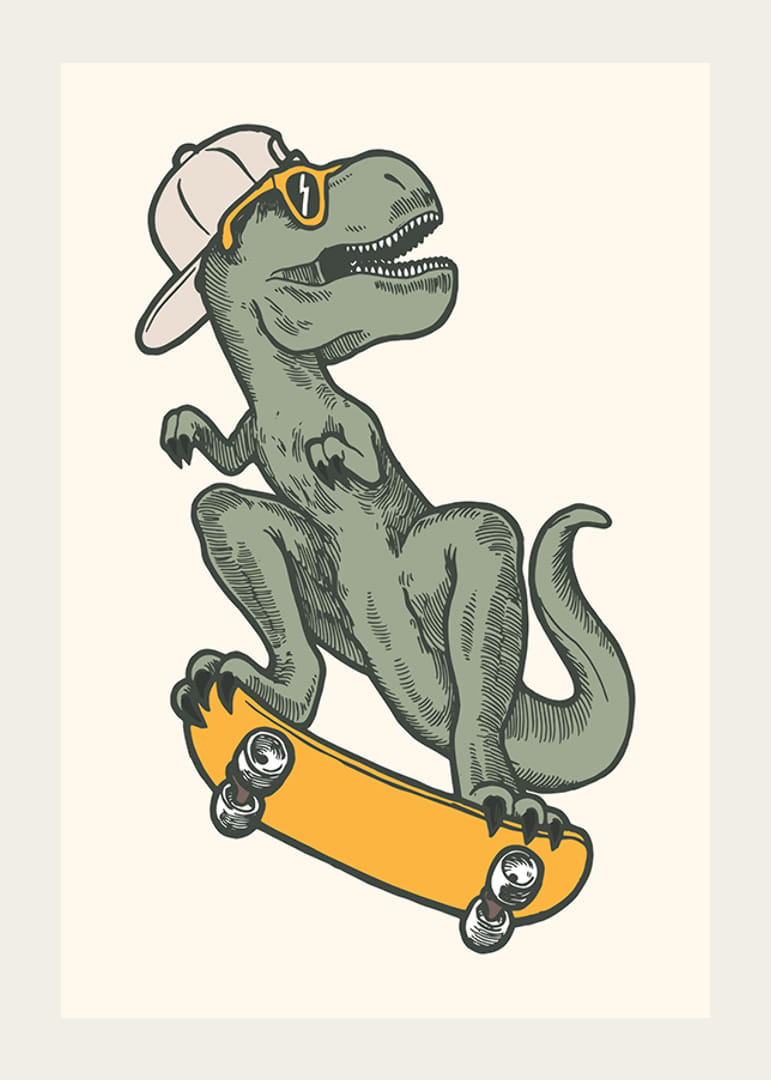Illustrerad T-rex med keps och solglasögon på skateboard-12