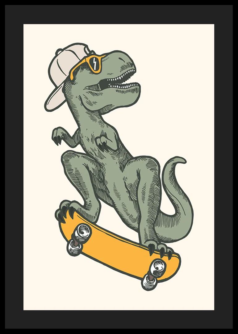 Illustrated T-rex with cap and sunglasses on skateboard-12