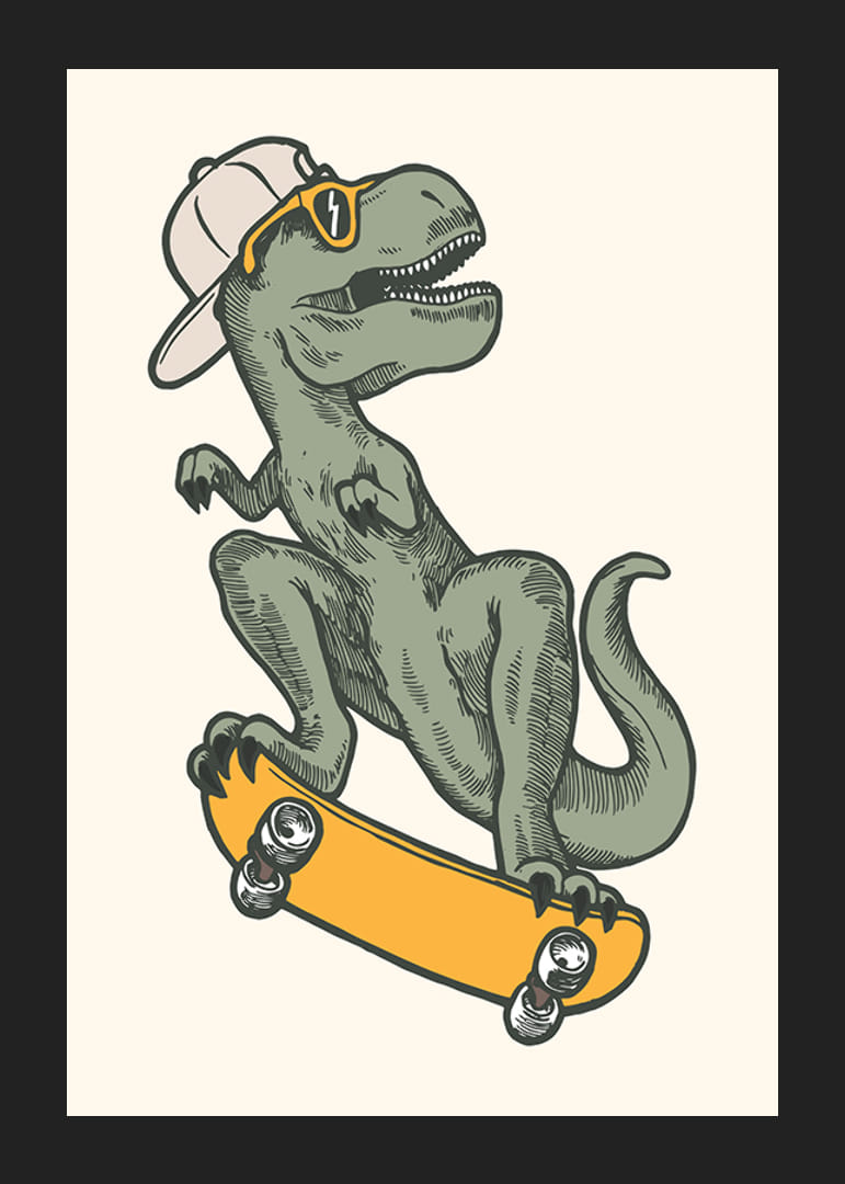 Illustrerad T-rex med keps och solglasögon på skateboard-12