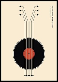 Grafisk illustration av vinylskiva som gitarr i svart och rött-6
