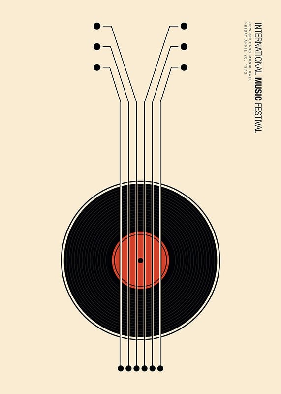 Grafisk illustration av vinylskiva som gitarr i svart och rött-12