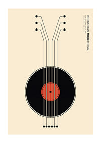 Grafisk illustration av vinylskiva som gitarr i svart och rött-1