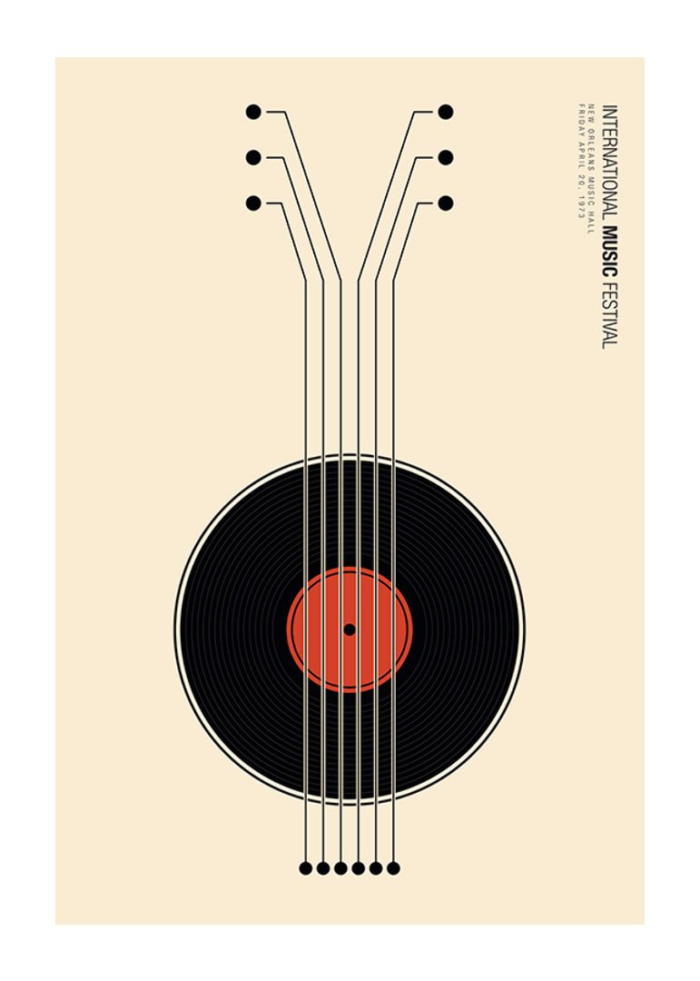 Grafisk illustration av vinylskiva som gitarr i svart och rött-12
