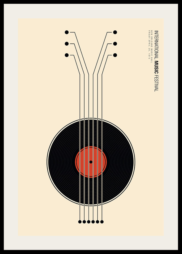 Graafinen kuvitus vinyylilevystä kitarana mustana ja punaisena-12