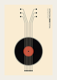 Grafisk illustration av vinylskiva som gitarr i svart och rött-3