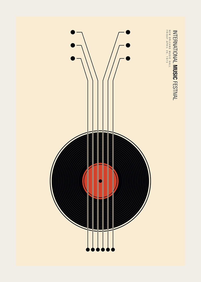 Grafisk illustration av vinylskiva som gitarr i svart och rött-12