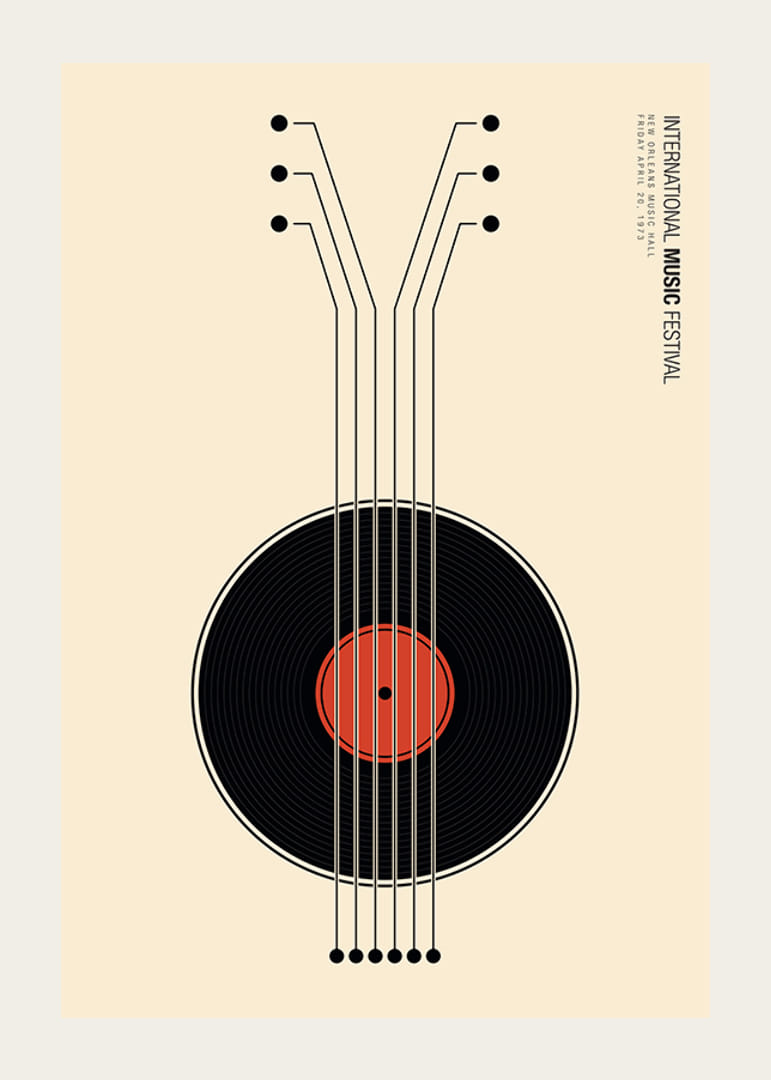 Graafinen kuvitus vinyylilevystä kitarana mustana ja punaisena-12