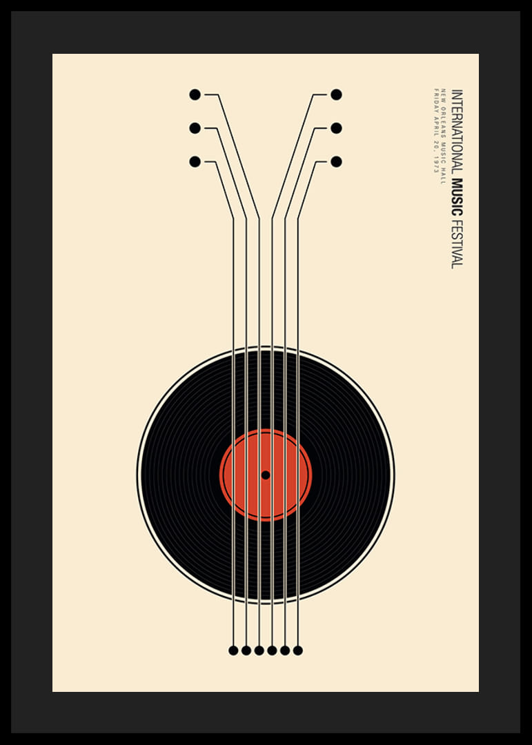 Graafinen kuvitus vinyylilevystä kitarana mustana ja punaisena-12