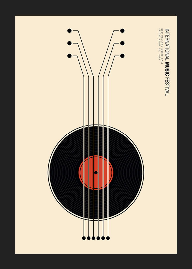 Grafisk illustration av vinylskiva som gitarr i svart och rött-12