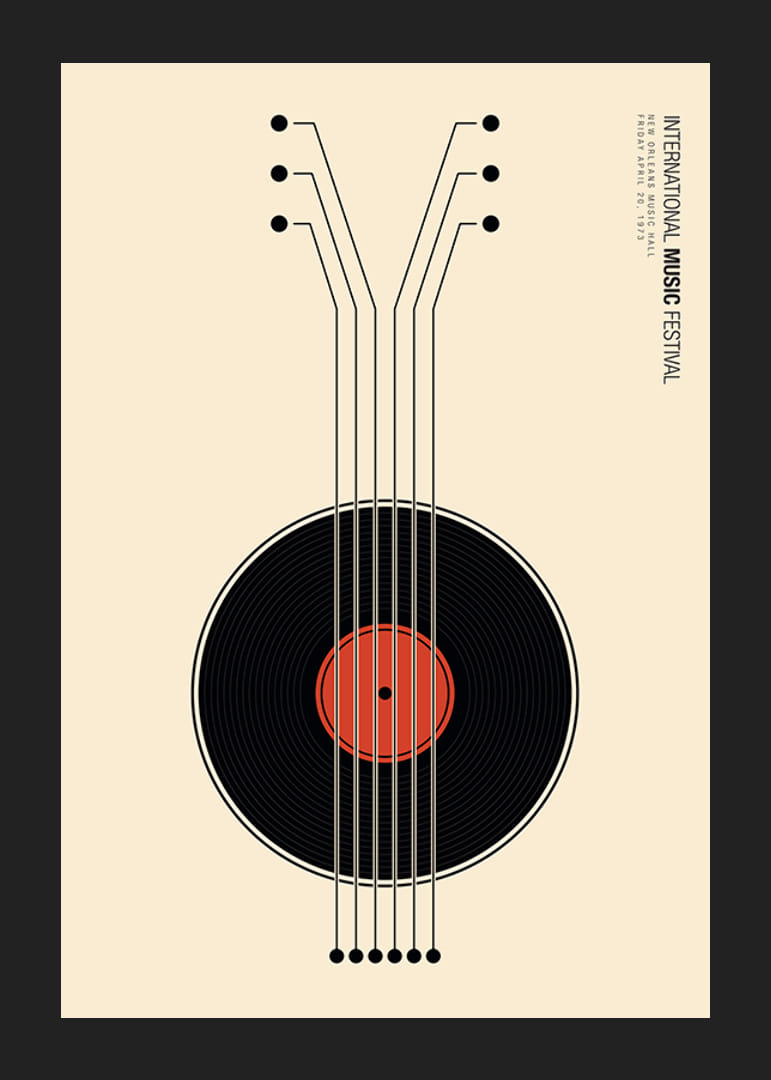 Graafinen kuvitus vinyylilevystä kitarana mustana ja punaisena-12