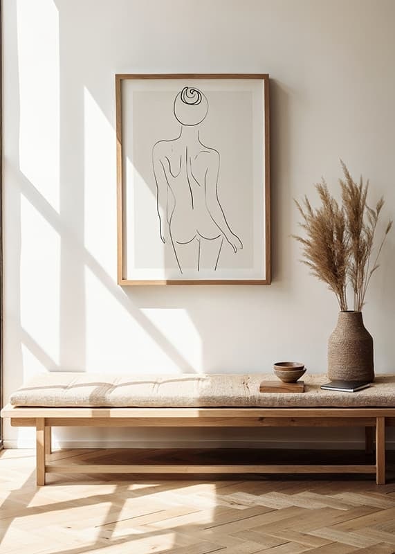 Arte lineal minimalista del cuerpo femenino desde atrás en blanco y negro.-12