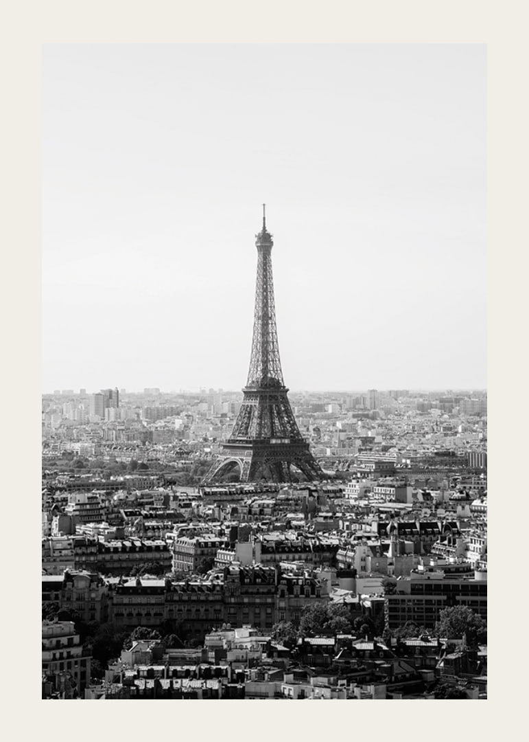 Black and white view of the Eiffel Tower and central Paris-12