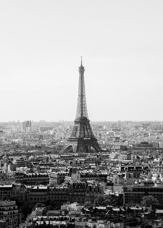Black and white view of the Eiffel Tower and central Paris-12
