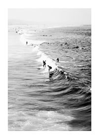 Black and white photography of surfers on waves at long beach-1