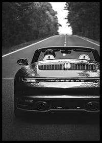 Black and white Porsche 911 convertible rear view on country road-6